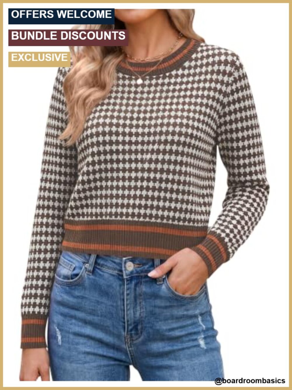 Cropped Crewneck Pullover Sweater Women's Fall Knit Long Sleeve